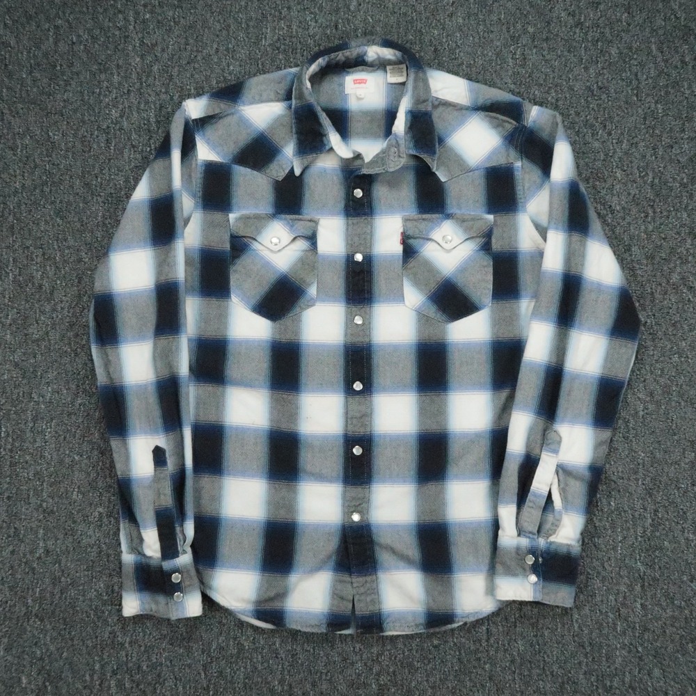 Levis Shirt Mens Medium Blue White Plaid Flannel Pearl Snap Long Sleeve Western